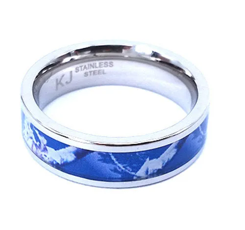 Blue Orchid Camo Stainless Steel Ring Unisex Camouflage Wedding Band Ring