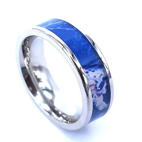 Blue Orchid Camo Stainless Steel Ring Unisex Camouflage Wedding Band Ring