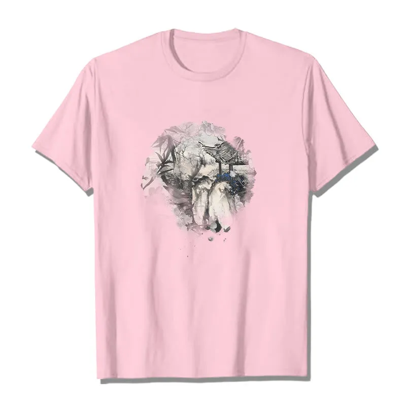 Buddha Stones Chinese Bamboo Mountain Pavilion Design Pattern Tee T-shirt