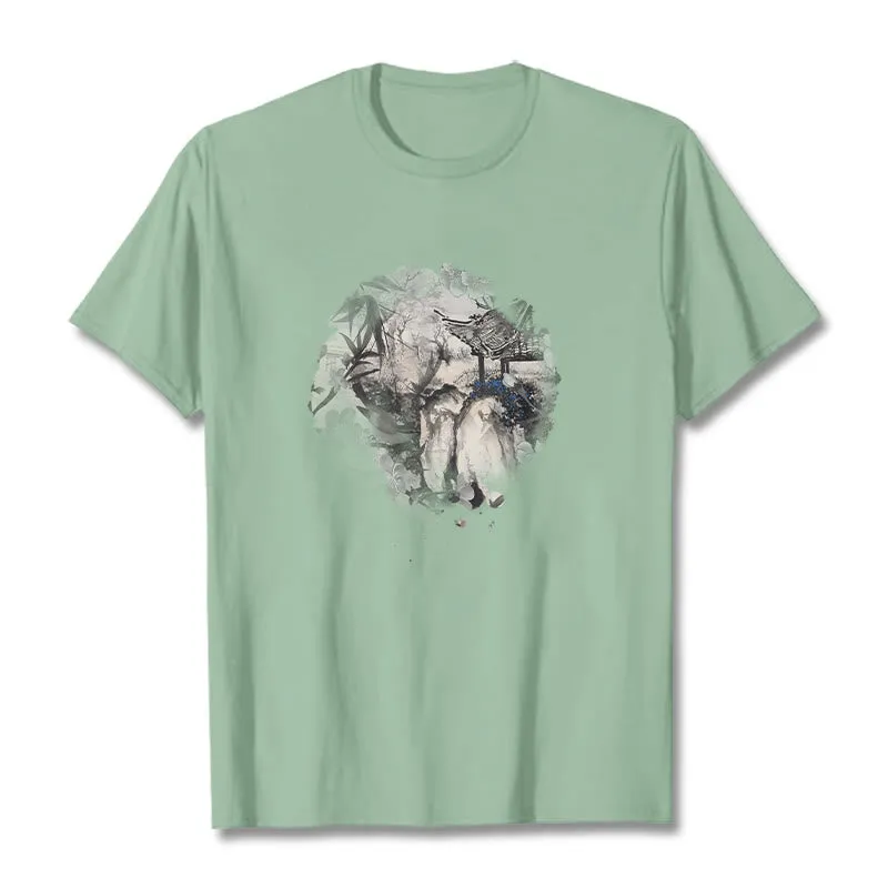 Buddha Stones Chinese Bamboo Mountain Pavilion Design Pattern Tee T-shirt