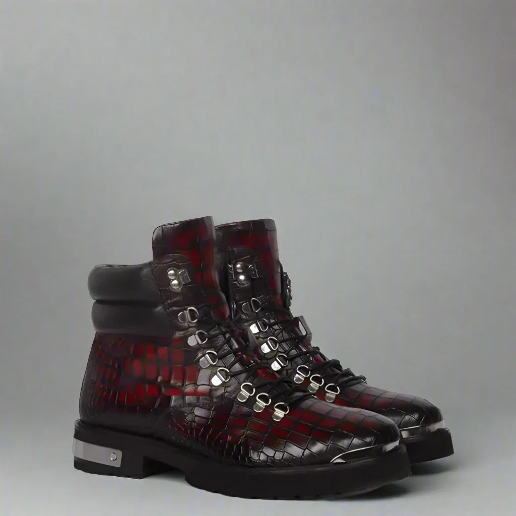 BURGUNDY CROC LEATHER LACE UP BOOTS WITH METAL PLATES - CHELSEA BOOTS