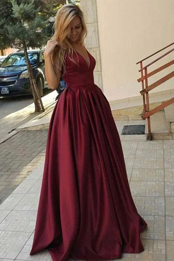 Burgundy Floor Length Simple V Neck Long Prom Dress, Evening Dresses, MP159