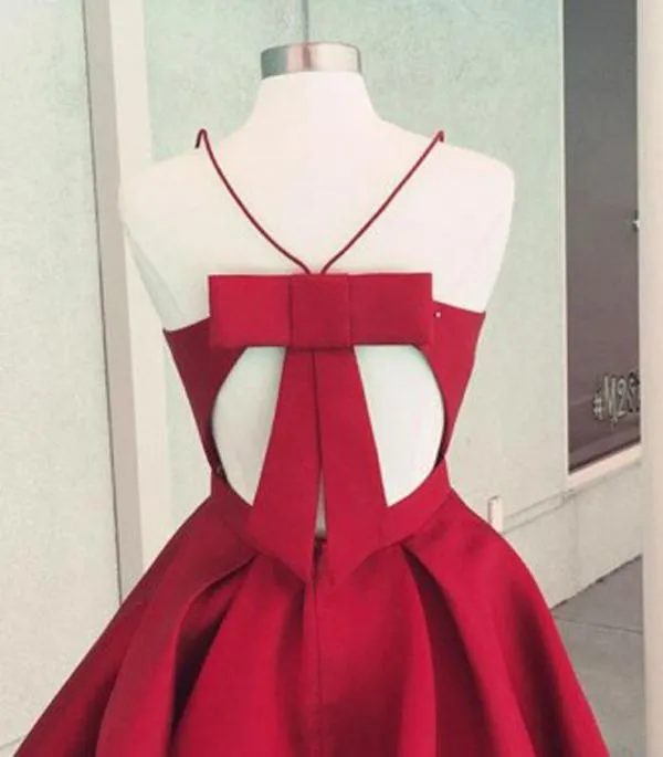 Burgundy Satin A-Line Spaghetti Straps Open Back Homecoming Dress with Bowknot, MH317