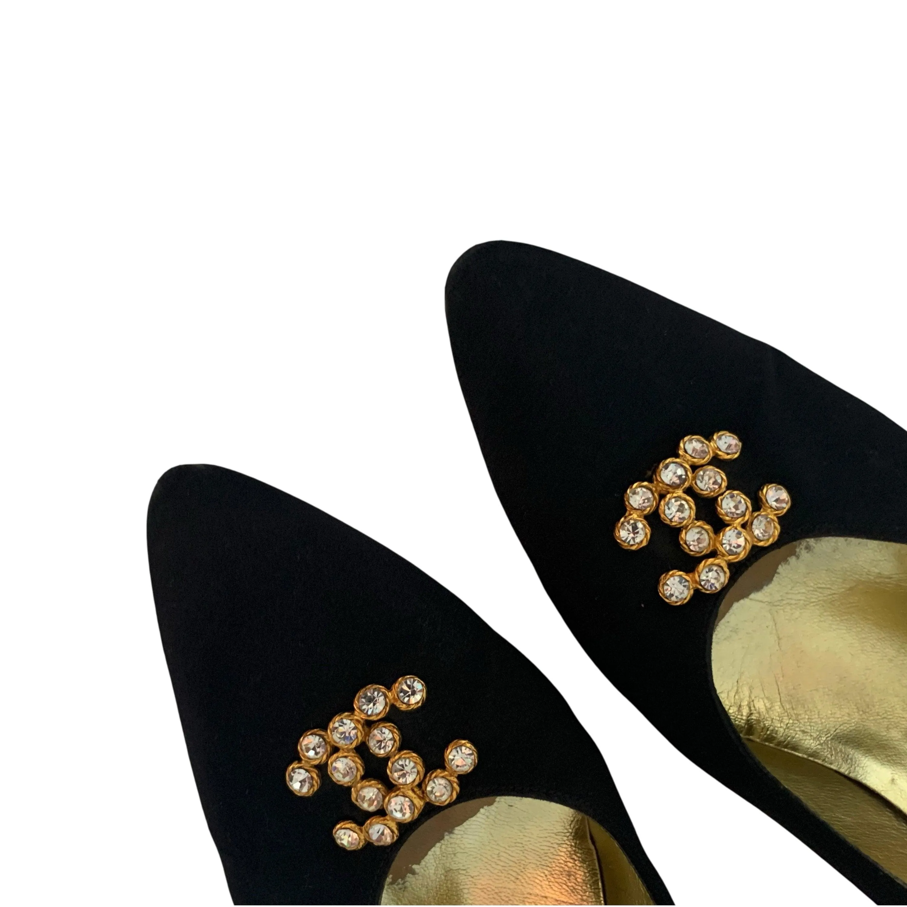 Chanel Black Jumbo Rhinestone Logo Heels