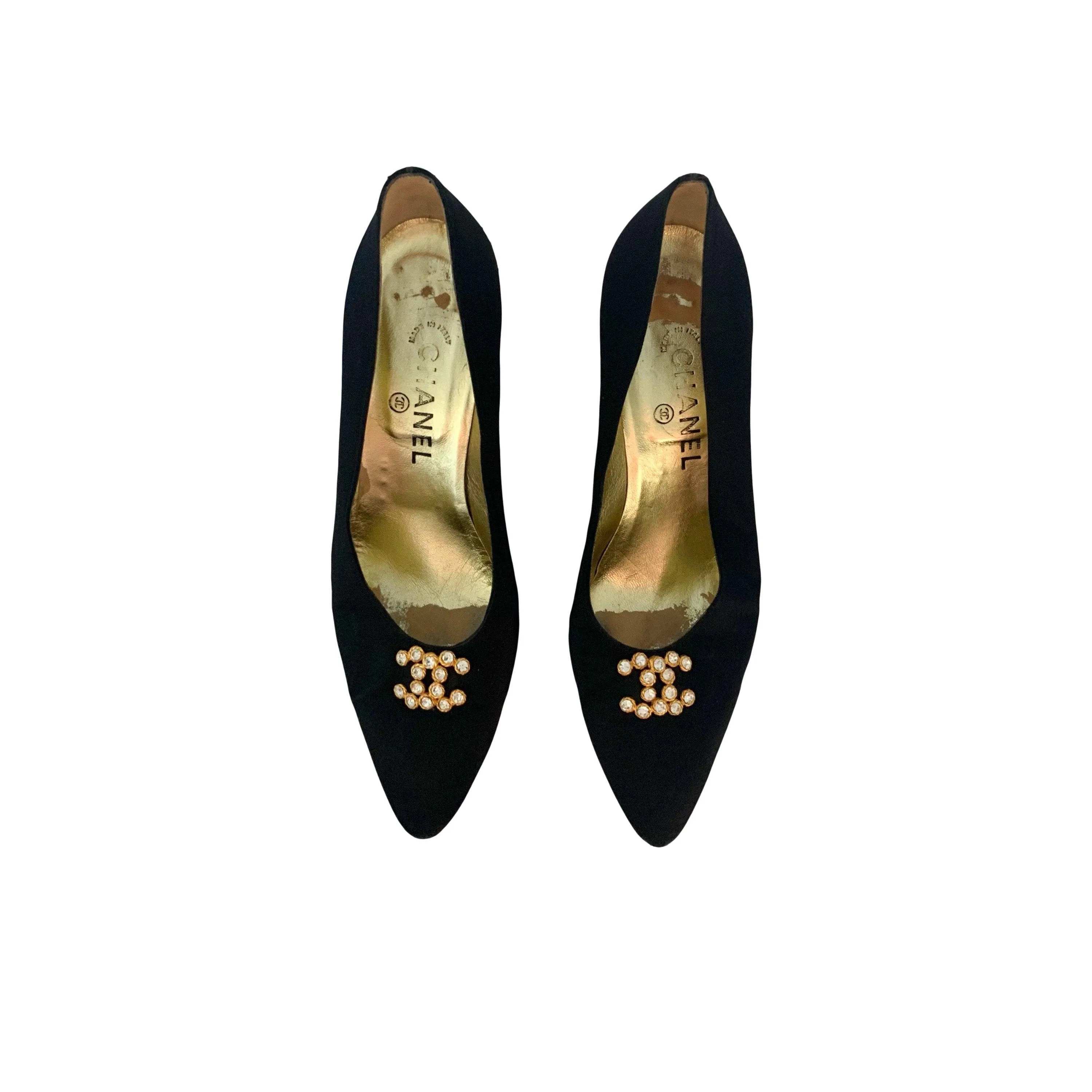 Chanel Black Jumbo Rhinestone Logo Heels