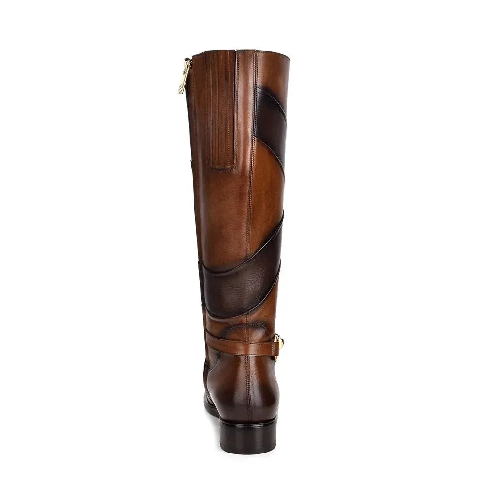 Cuadra Hand-Painted Honey Leather Riding Boot with Contrasting Colors