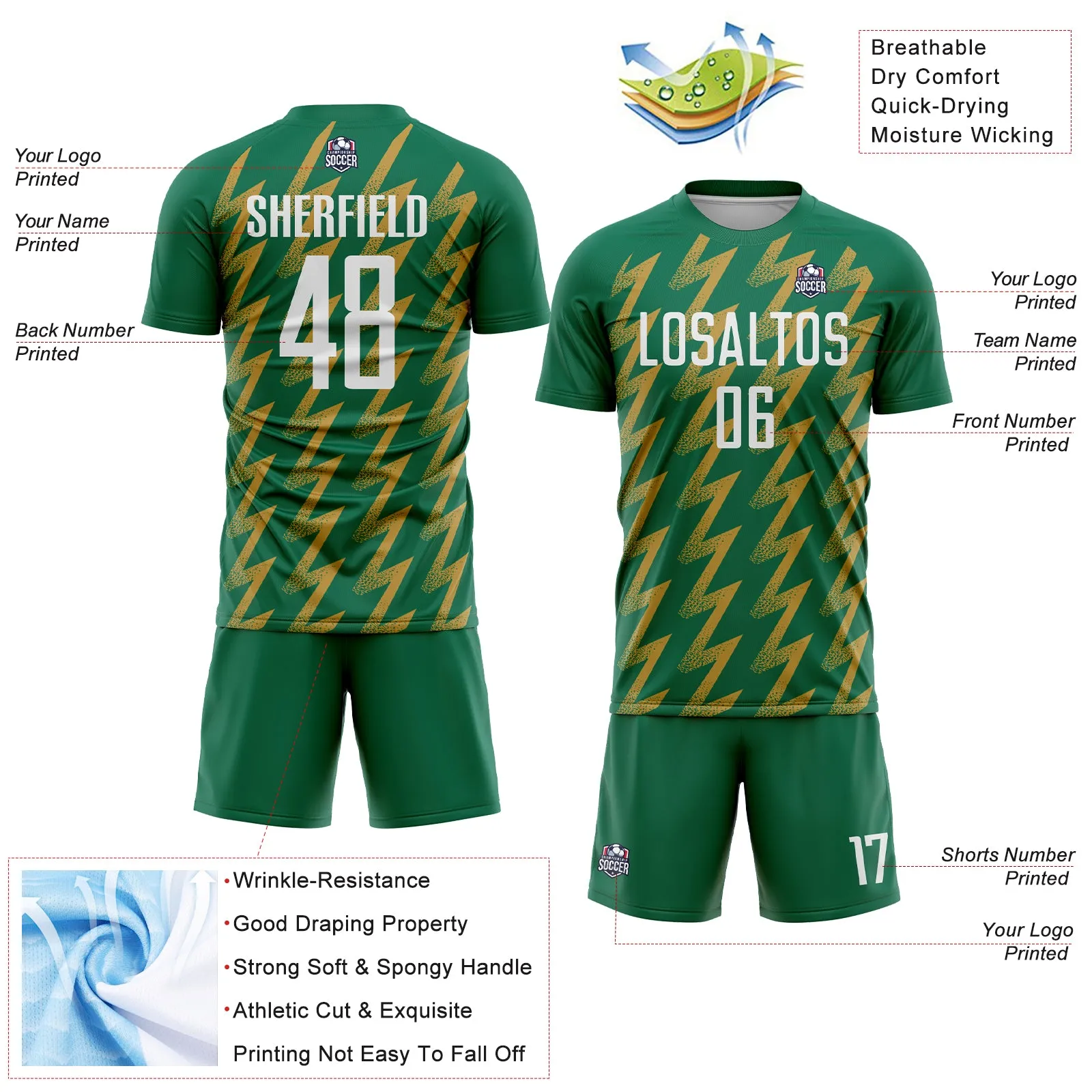 Custom Kelly Green White-Old Gold Zigzag Shape Sublimation Soccer Uniform Jersey
