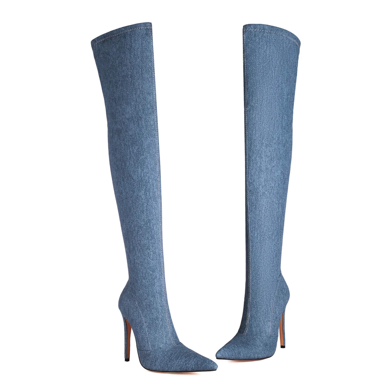 Dark Blue Cowboy Boots High Heel Knee Boots