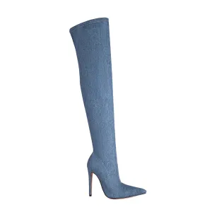 Dark Blue Cowboy Boots High Heel Knee Boots