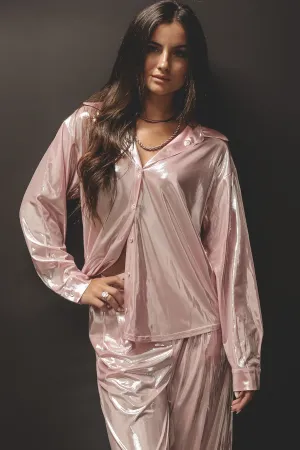 DEAL An Entrance Was Made Metallic Pink Button Up