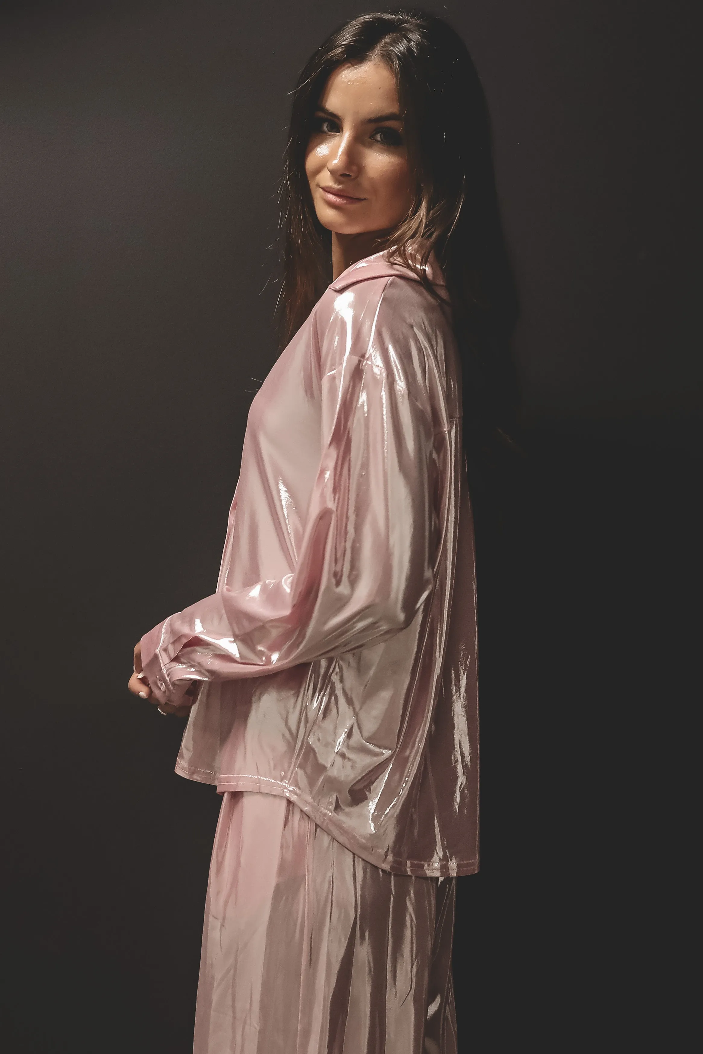 DEAL An Entrance Was Made Metallic Pink Button Up