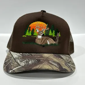 Deer Scenery Dark khaki CAMO Camouflage Brim Mesh Trucker SnapBack Hat Deer Hunting Cap Custom Embroidered