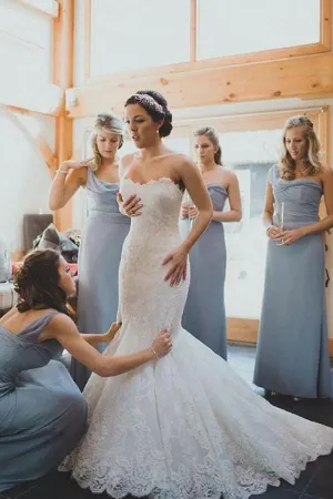 Dusty Blue A-line Chiffon One Shoulder Long Bridesmaid Dresses, MB132