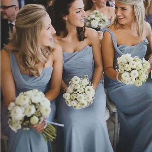 Dusty Blue A-line Chiffon One Shoulder Long Bridesmaid Dresses, MB132