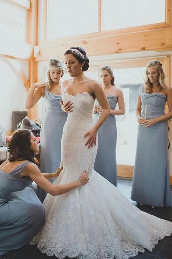 Dusty Blue A-line Chiffon One Shoulder Long Bridesmaid Dresses, MB132