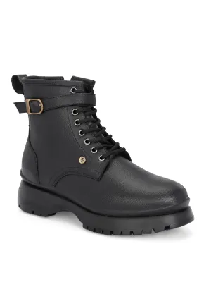 El Paso Women Black Faux Leather Casual Lace Up Boots
