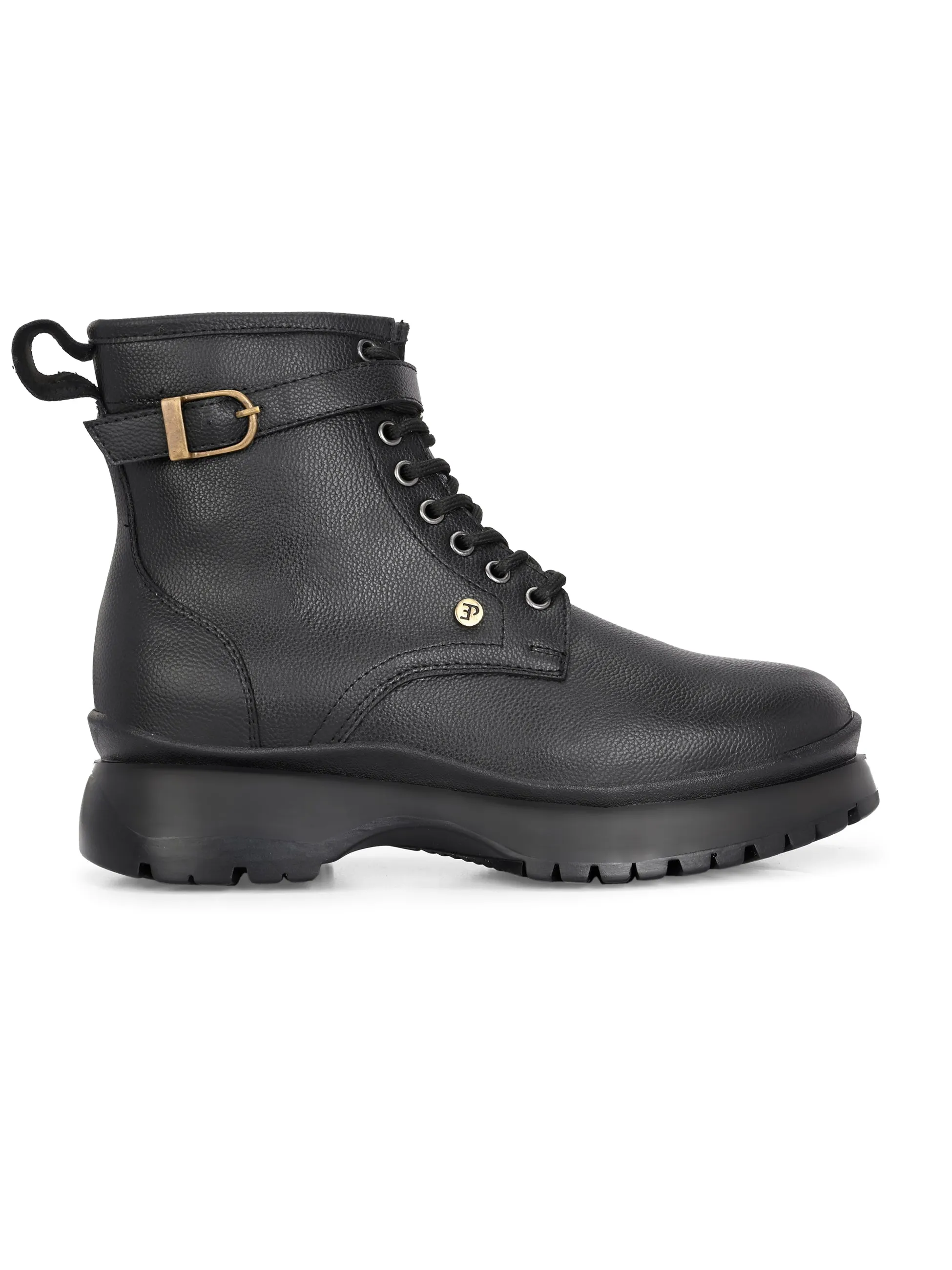 El Paso Women Black Faux Leather Casual Lace Up Boots