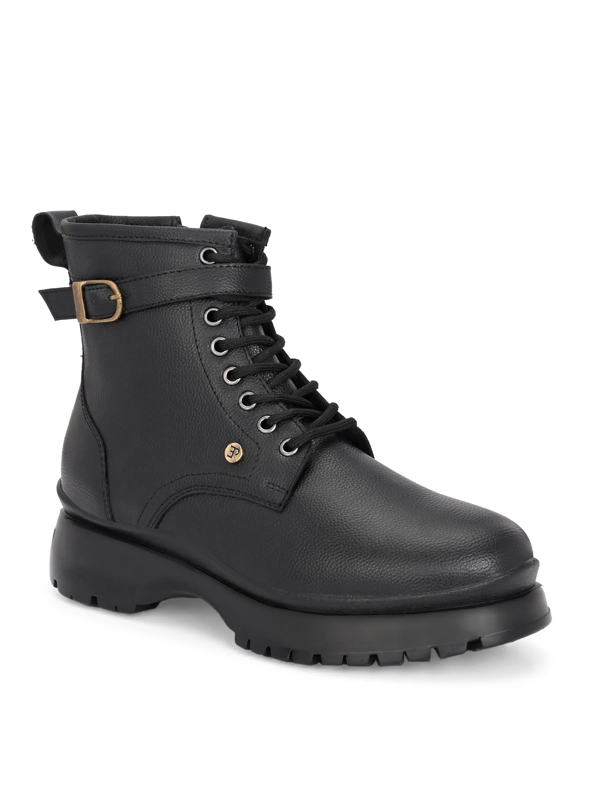 El Paso Women Black Faux Leather Casual Lace Up Boots