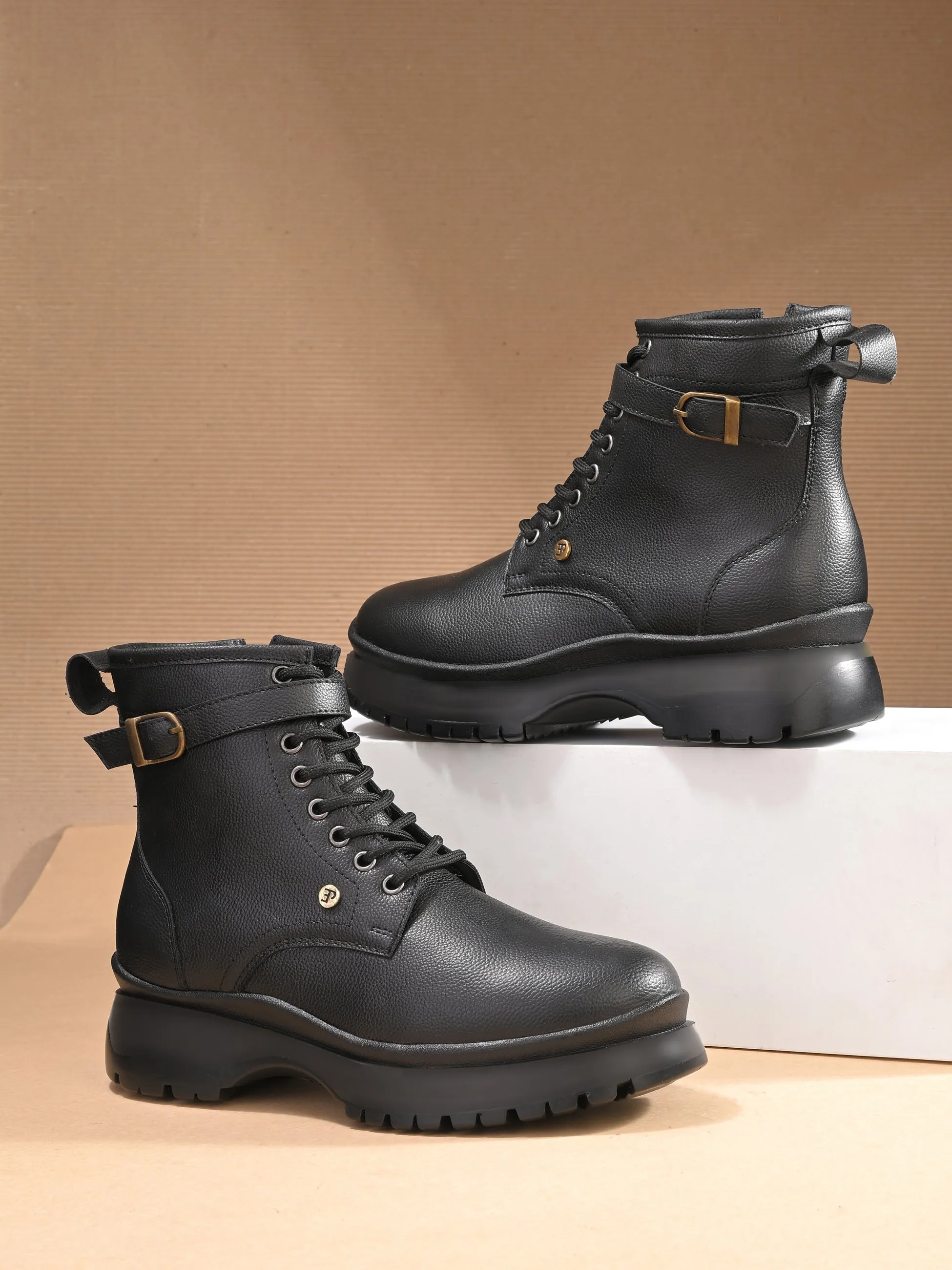 El Paso Women Black Faux Leather Casual Lace Up Boots
