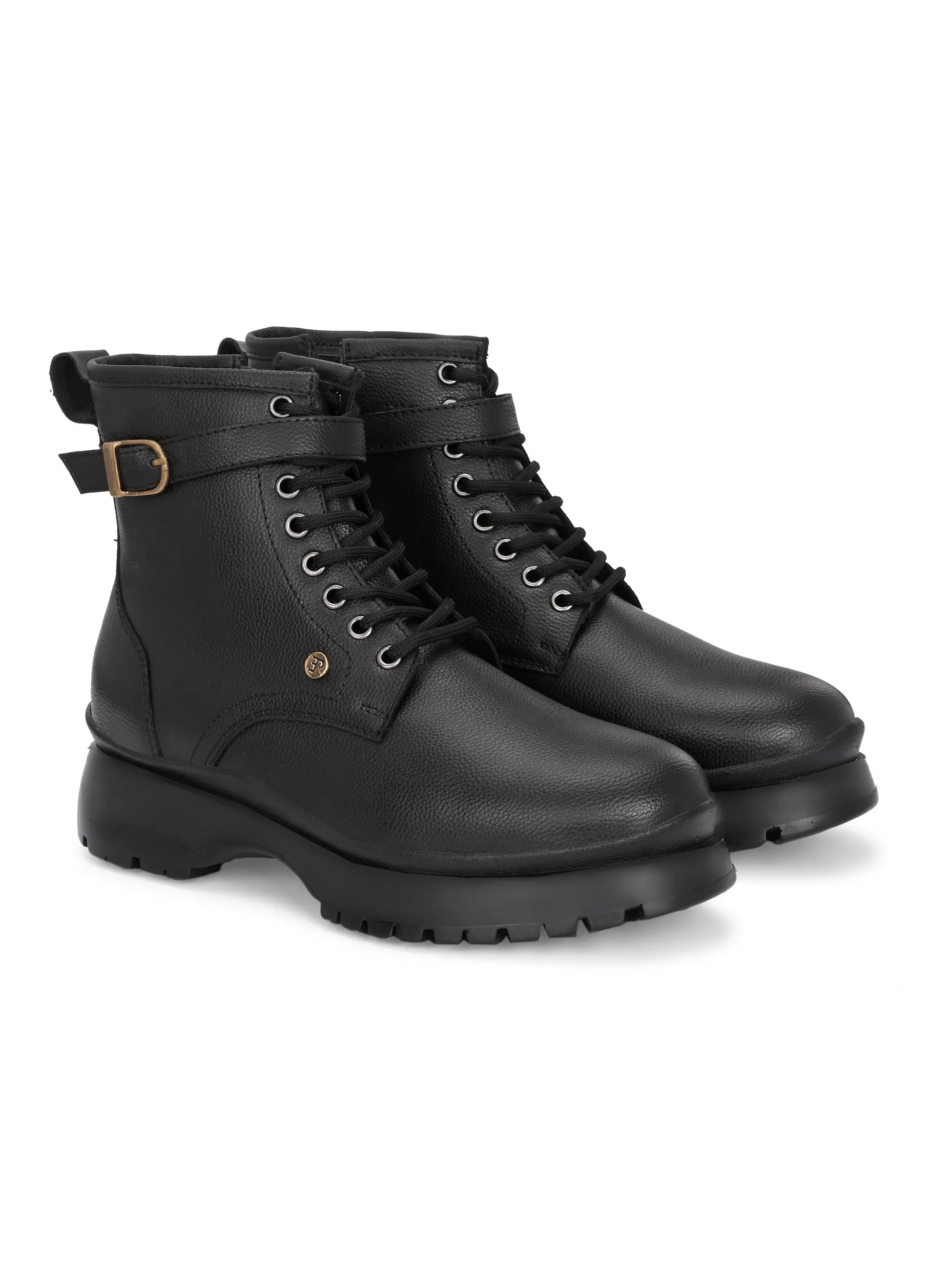 El Paso Women Black Faux Leather Casual Lace Up Boots