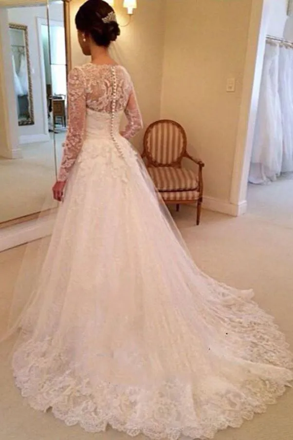 Fabulous A-line V-neck Long Sleeves Court Train Wedding Dresses With Appliques, MW107