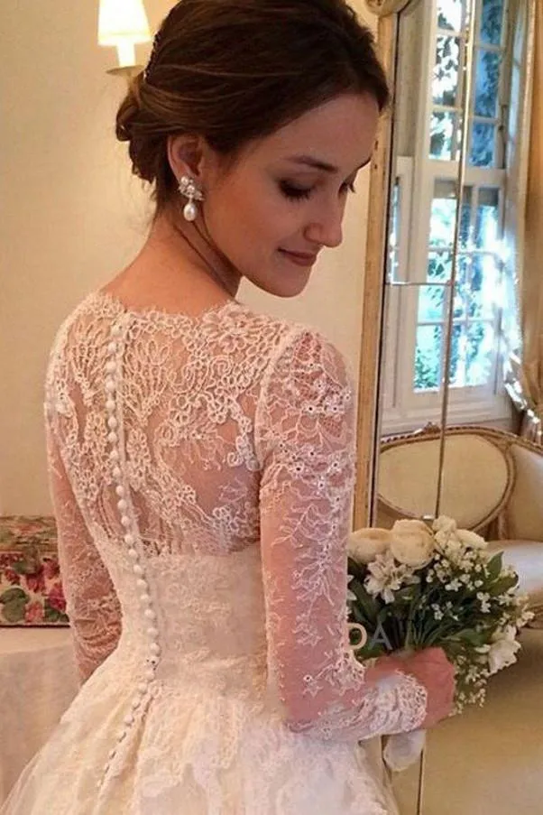 Fabulous A-line V-neck Long Sleeves Court Train Wedding Dresses With Appliques, MW107