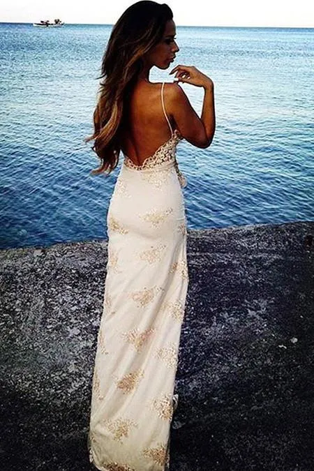 Fabulous Spaghetti Straps Long Prom Dress Lace Party Dress With Front Split, MP108