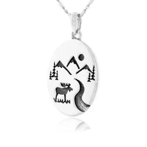 Flat Oval Mountain Scene with Tree & River Pendant