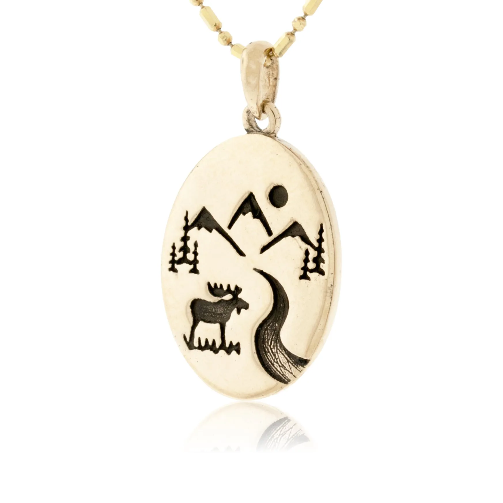 Flat Oval Mountain Scene with Tree & River Pendant