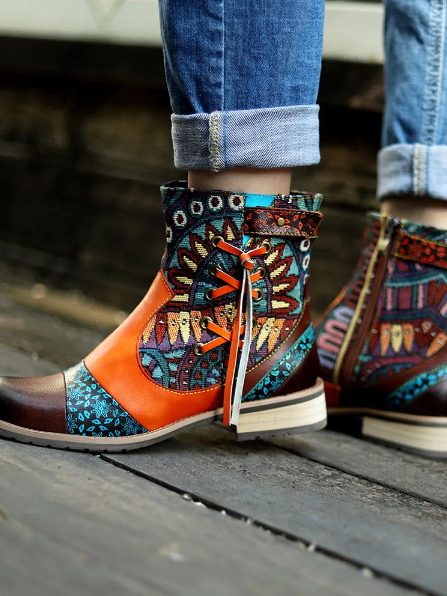 Genuine Leather Aboriginal Arts Side Cross Tassel  Flat Ankle Boots