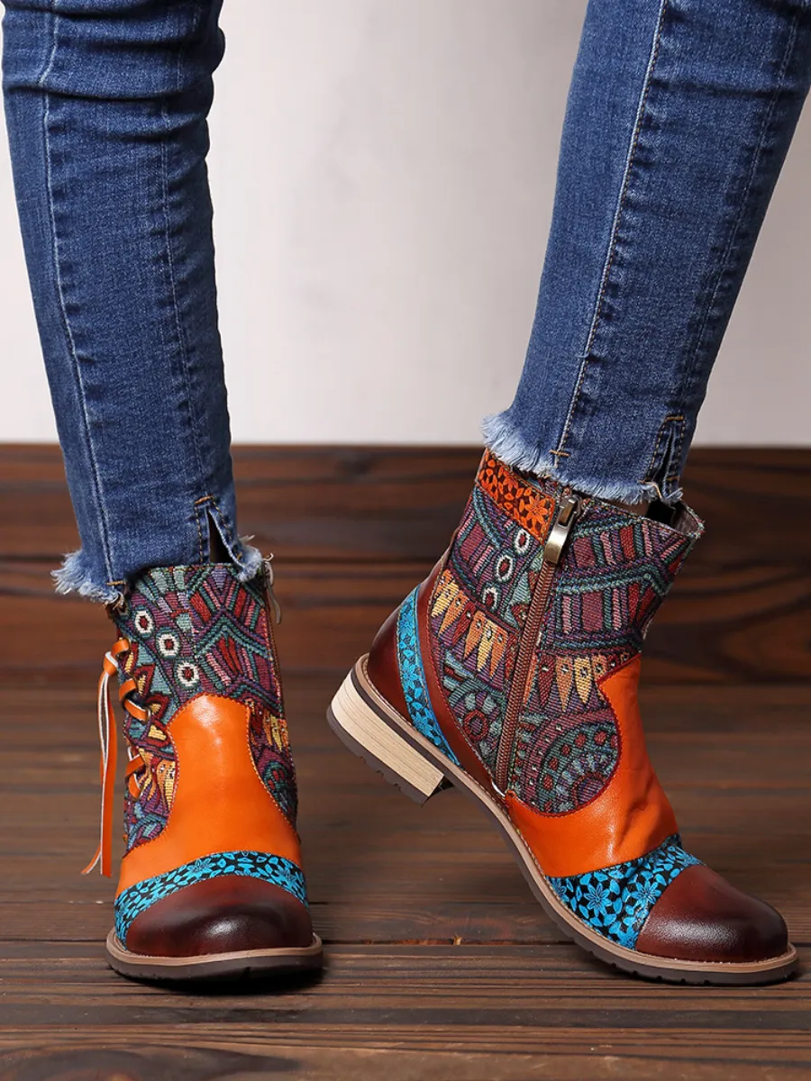Genuine Leather Aboriginal Arts Side Cross Tassel  Flat Ankle Boots