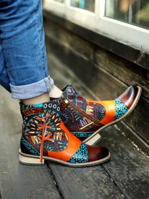 Genuine Leather Aboriginal Arts Side Cross Tassel  Flat Ankle Boots