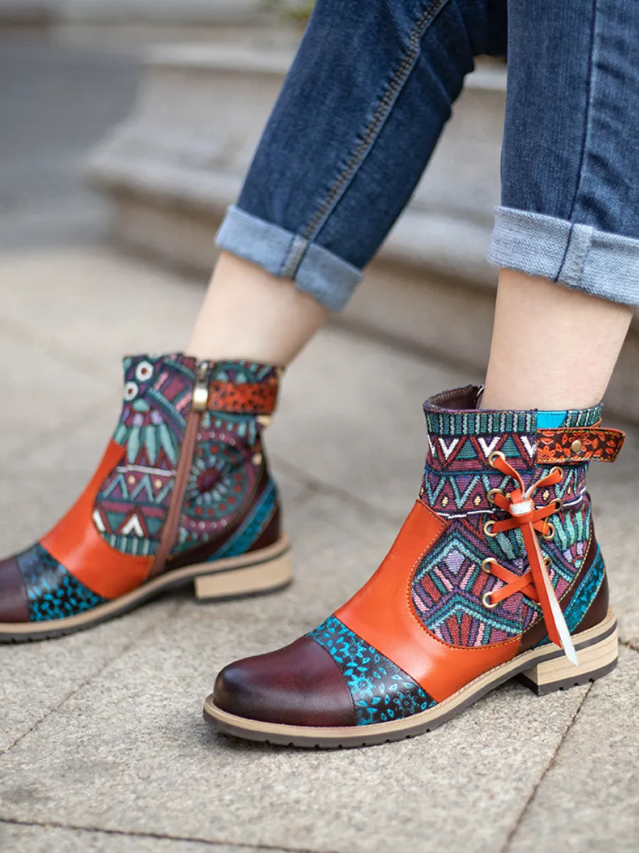 Genuine Leather Aboriginal Arts Side Cross Tassel  Flat Ankle Boots