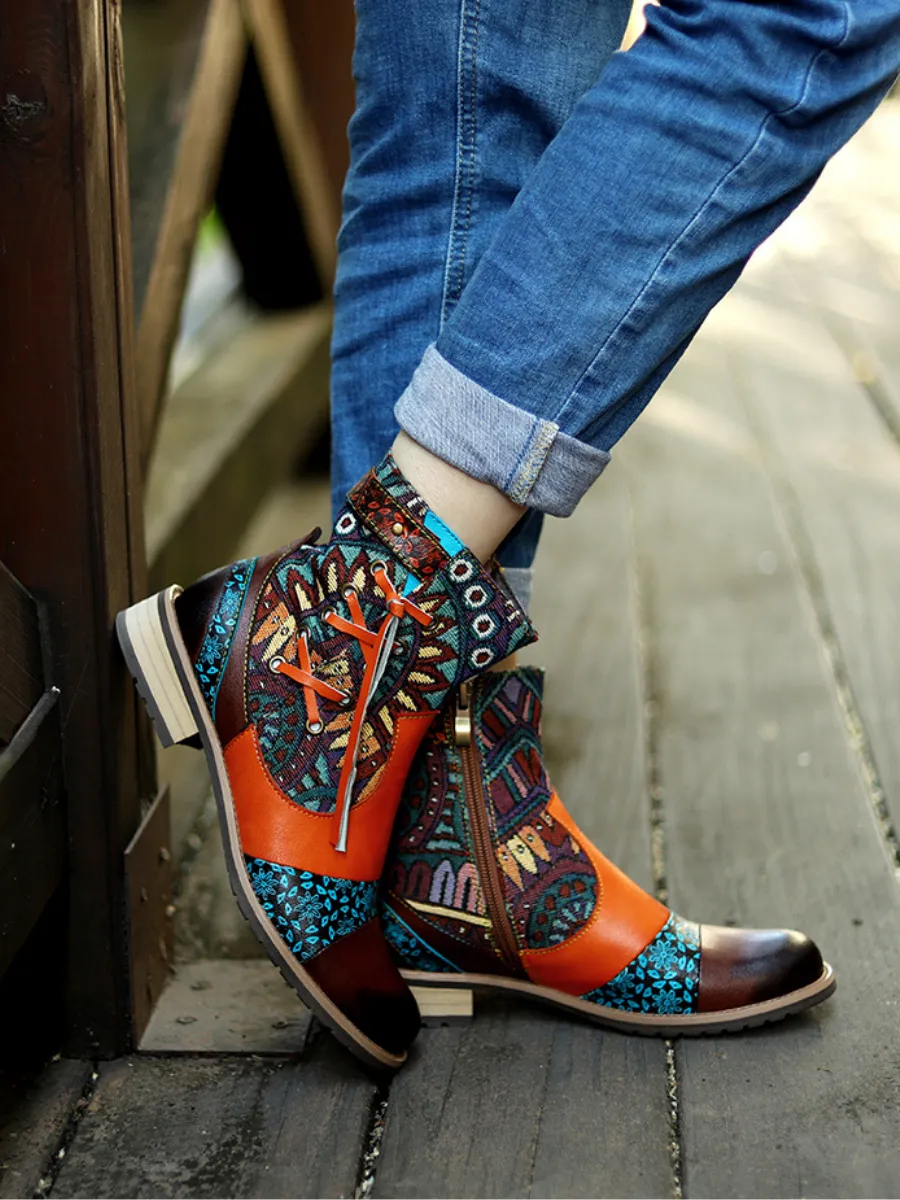 Genuine Leather Aboriginal Arts Side Cross Tassel  Flat Ankle Boots