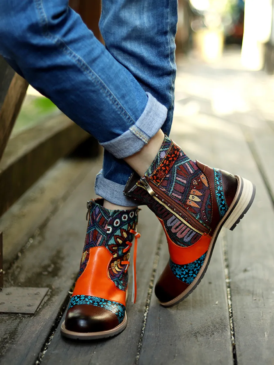 Genuine Leather Aboriginal Arts Side Cross Tassel  Flat Ankle Boots