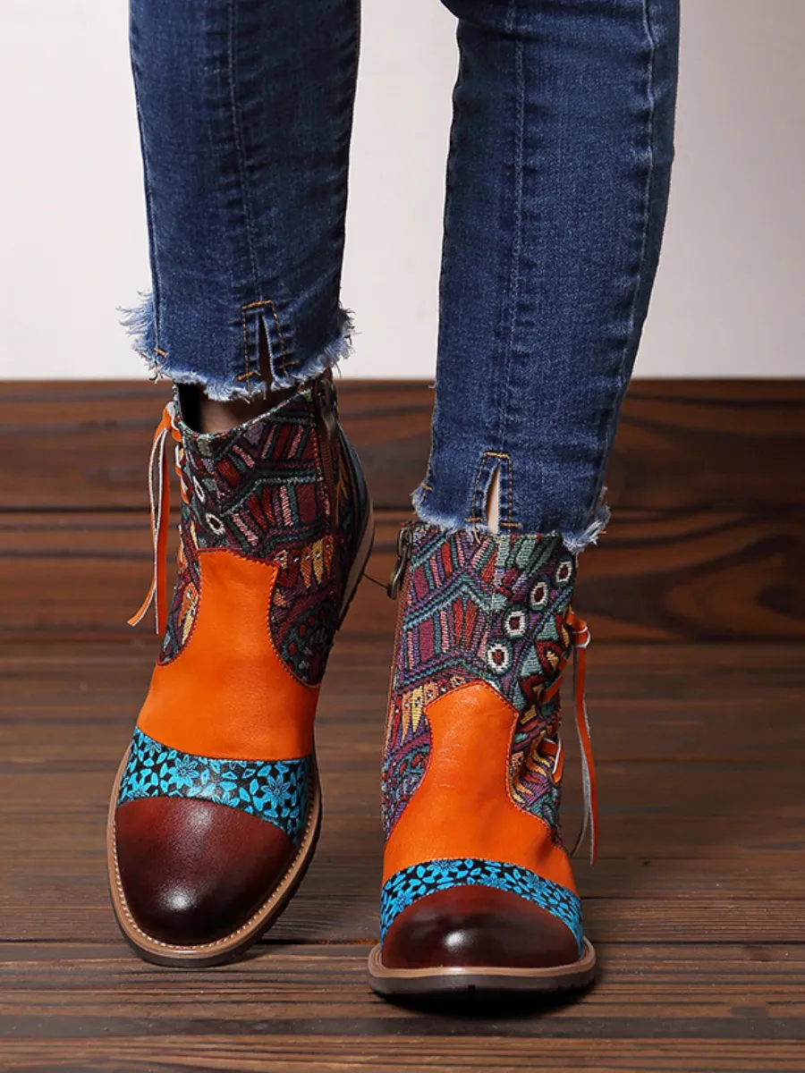 Genuine Leather Aboriginal Arts Side Cross Tassel  Flat Ankle Boots