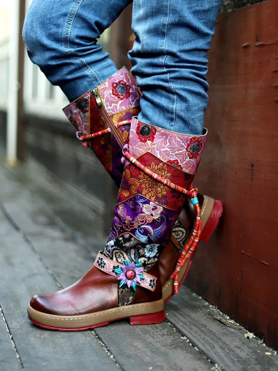 Genuine Leather Bohemian Purple Brown Floral Tie-Accent Boho Knee Boots