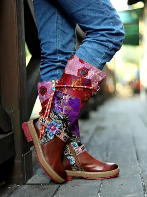 Genuine Leather Bohemian Purple Brown Floral Tie-Accent Boho Knee Boots