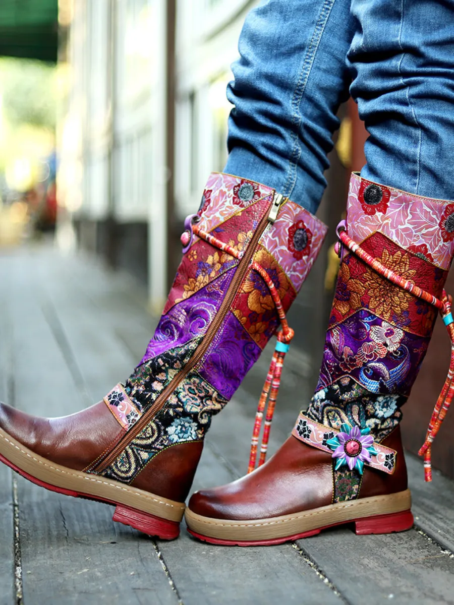Genuine Leather Bohemian Purple Brown Floral Tie-Accent Boho Knee Boots