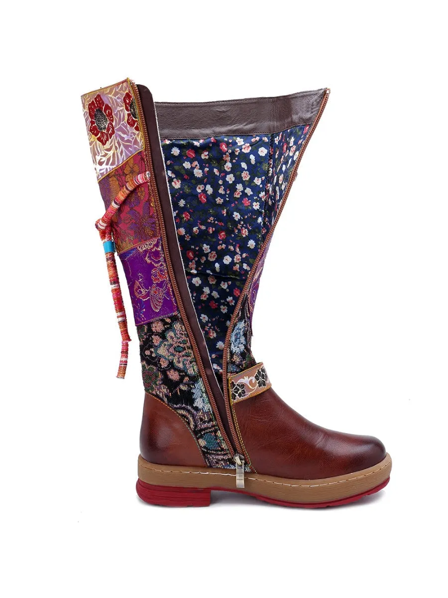 Genuine Leather Bohemian Purple Brown Floral Tie-Accent Boho Knee Boots