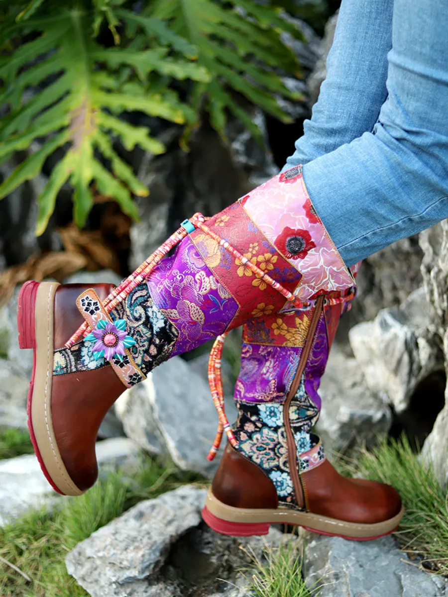 Genuine Leather Bohemian Purple Brown Floral Tie-Accent Boho Knee Boots