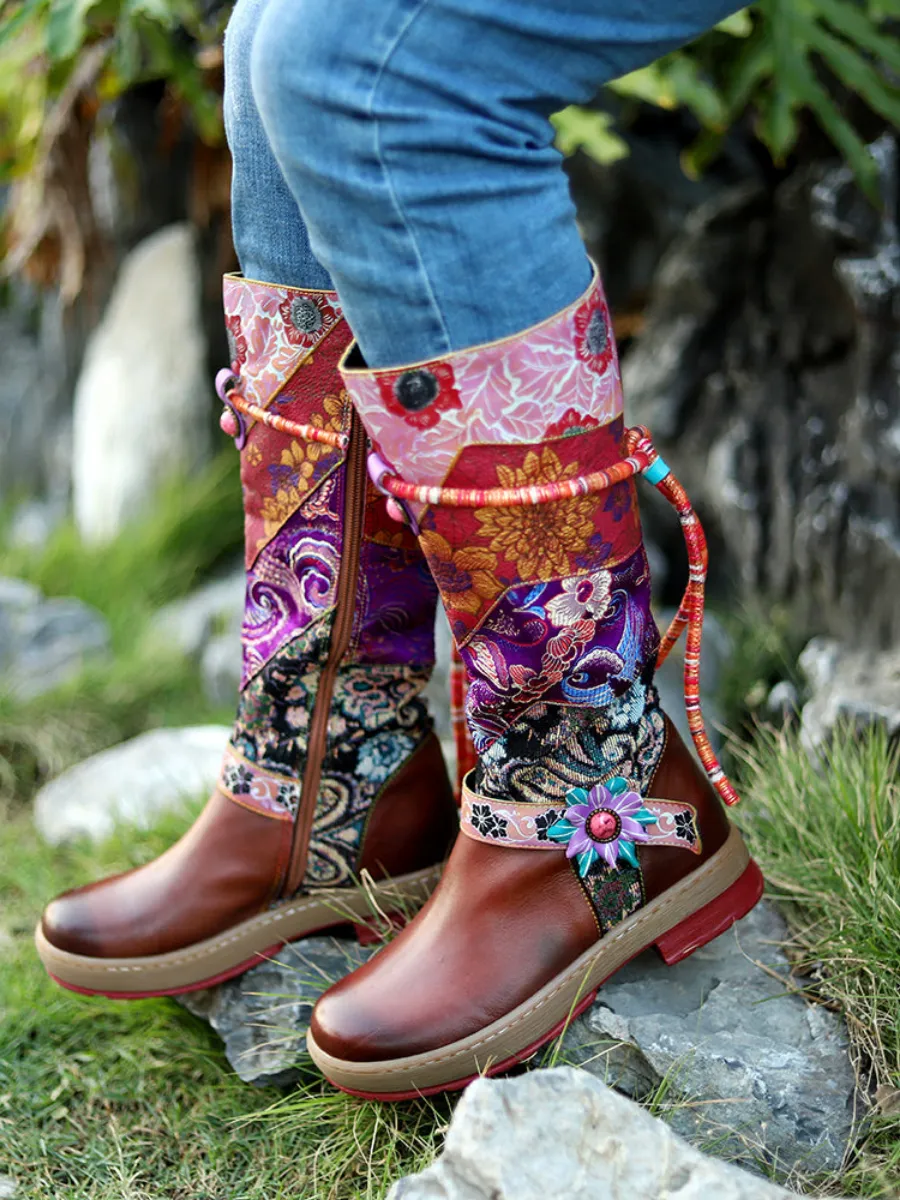 Genuine Leather Bohemian Purple Brown Floral Tie-Accent Boho Knee Boots