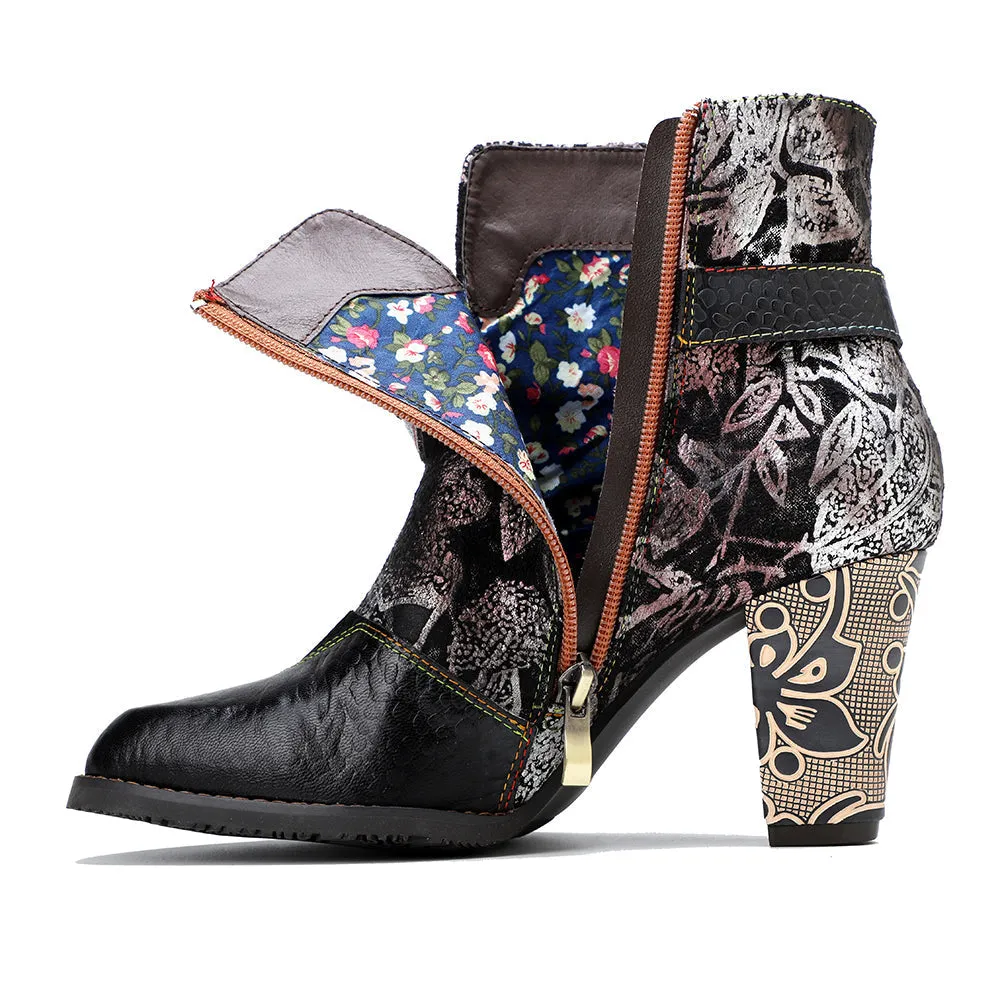 Genuine Leather Chunky Golden Heel With Embroidered Silver Floral Heel Ankle Boots