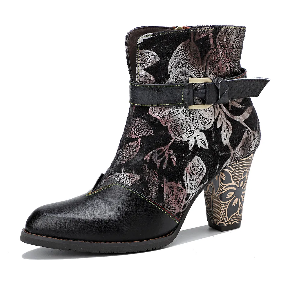 Genuine Leather Chunky Golden Heel With Embroidered Silver Floral Heel Ankle Boots