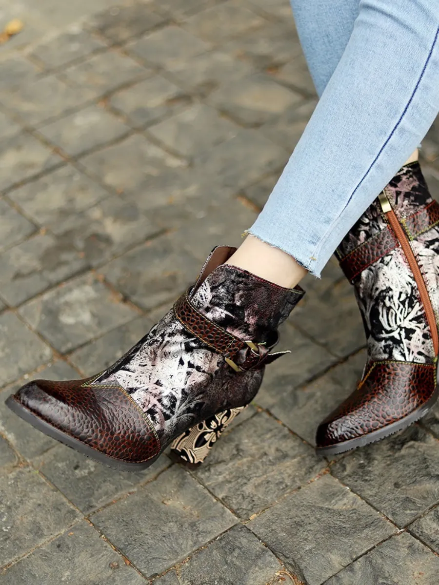 Genuine Leather Chunky Golden Heel With Embroidered Silver Floral Heel Ankle Boots