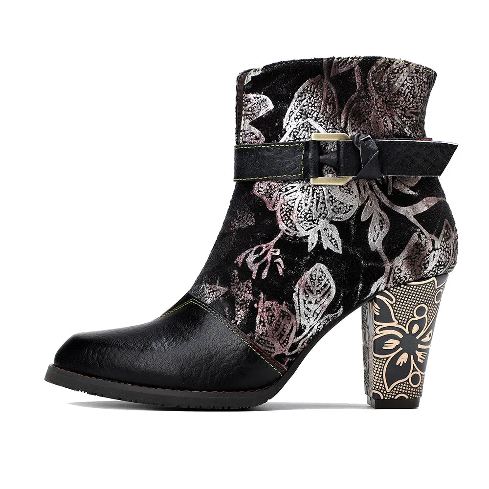 Genuine Leather Chunky Golden Heel With Embroidered Silver Floral Heel Ankle Boots