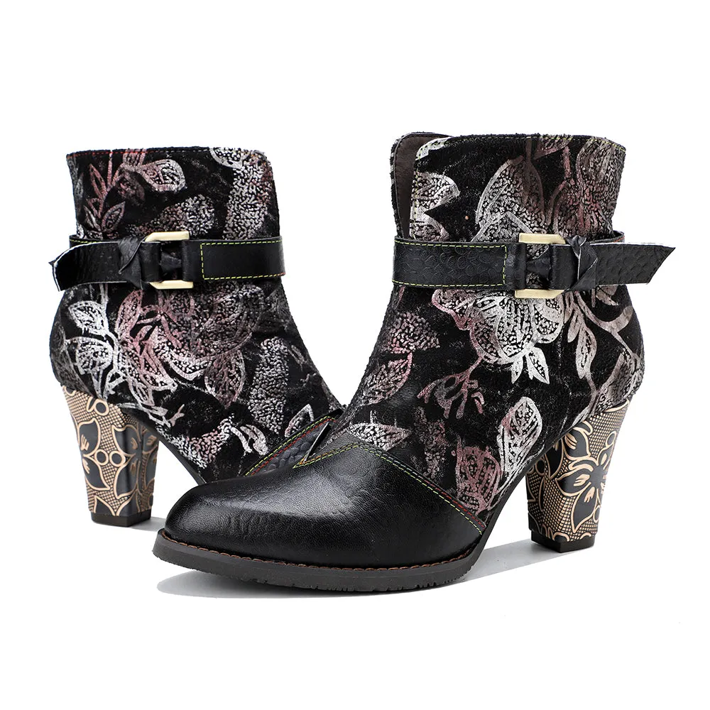 Genuine Leather Chunky Golden Heel With Embroidered Silver Floral Heel Ankle Boots