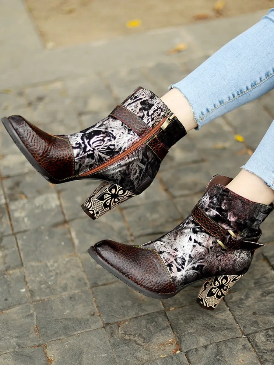 Genuine Leather Chunky Golden Heel With Embroidered Silver Floral Heel Ankle Boots