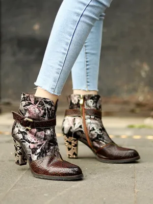 Genuine Leather Chunky Golden Heel With Embroidered Silver Floral Heel Ankle Boots