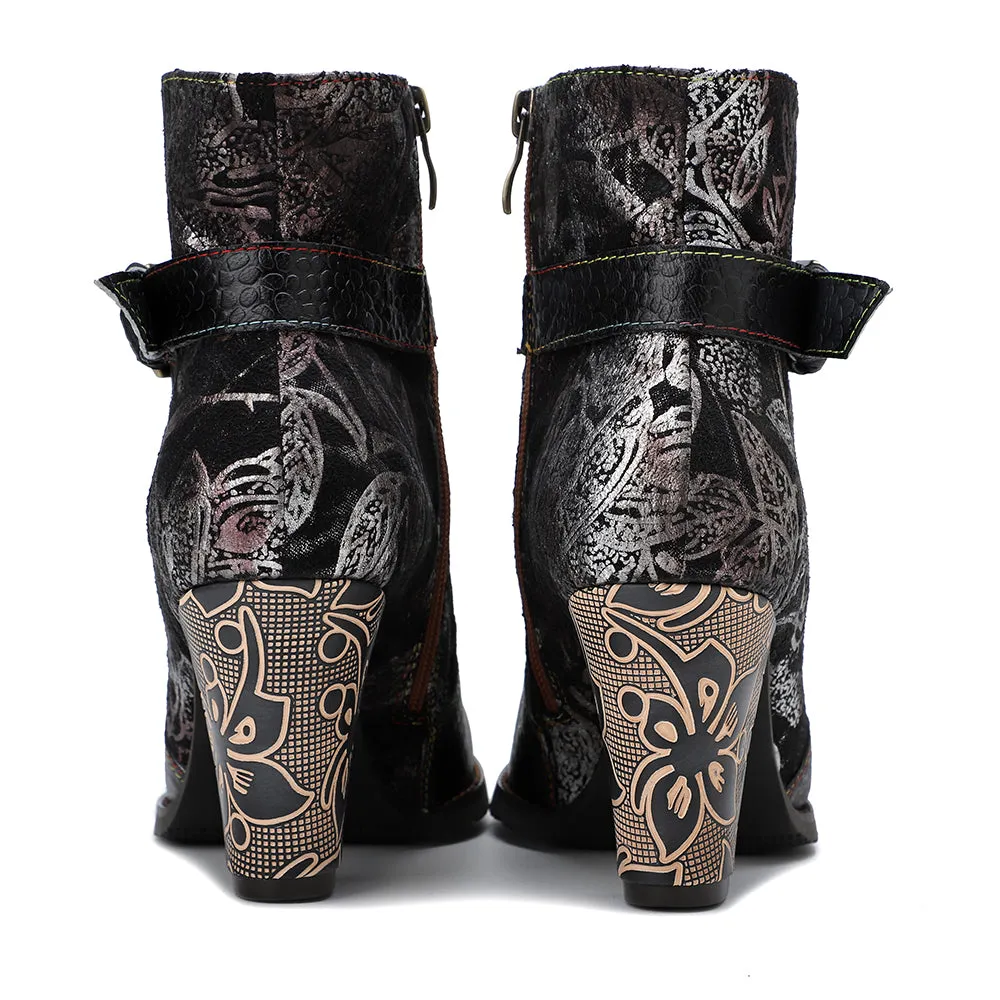 Genuine Leather Chunky Golden Heel With Embroidered Silver Floral Heel Ankle Boots